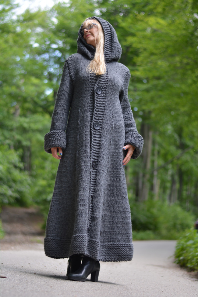 Flared wool cardigan western hooded in gray CA122